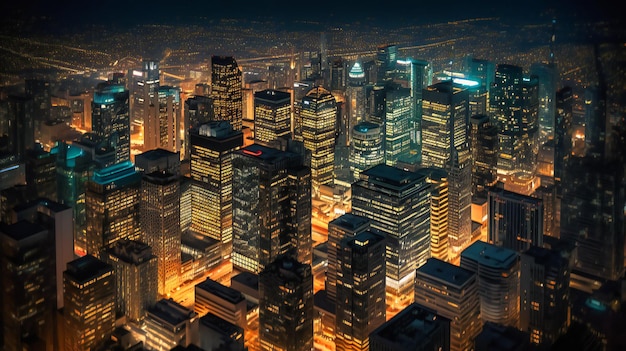 Uma vista aérea cativante do horizonte de uma cidade moderna durante a serena hora do crepúsculo