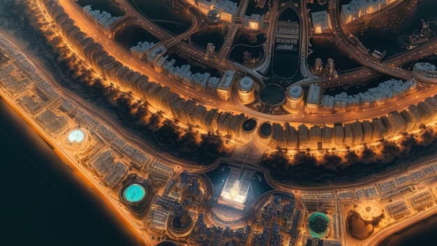 Uma vista aérea da cidade de dubai à noite.