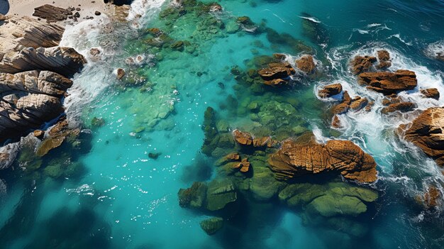 uma vista aérea da praia e da água no estilo de água-marinha clara