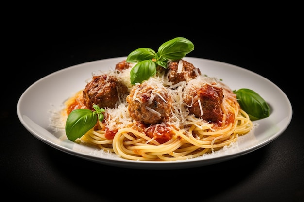 Uma vista aérea de espaguete italiano com molho de tomate, queijo e manjericão