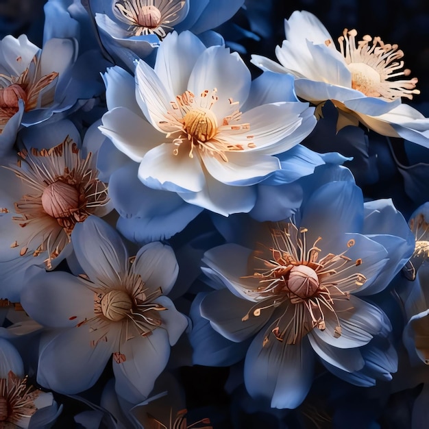 Uma vista aérea de flores azuis e brancas flores em flor um símbolo da primavera nova vida