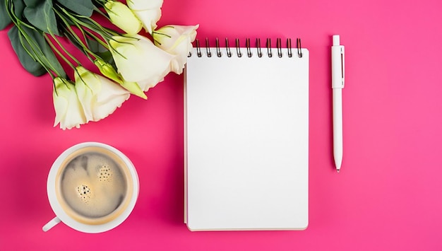 Uma vista aérea de flores de buquê com caneta de cartão de diário e xícara de café em espaço de cópia de fundo rosa