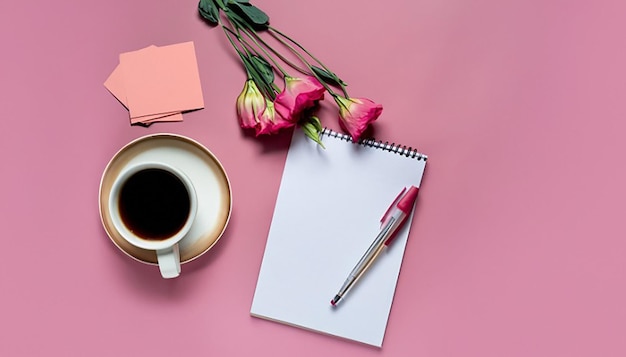 Uma vista aérea de flores de eustoma com caneta de cartão de diário e xícara de café em espaço de cópia de fundo rosa