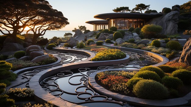 Foto uma vista aérea de jardins zen e caminhos labirínticos.