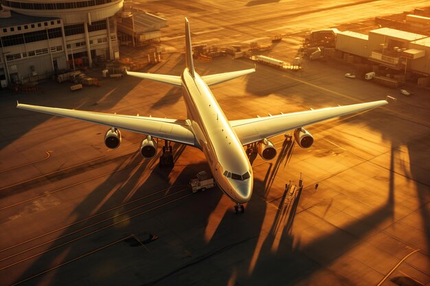 Uma vista aérea de um avião comercial no terminal do aeroporto cercado por infraestrutura aeroportuária ao pôr do sol