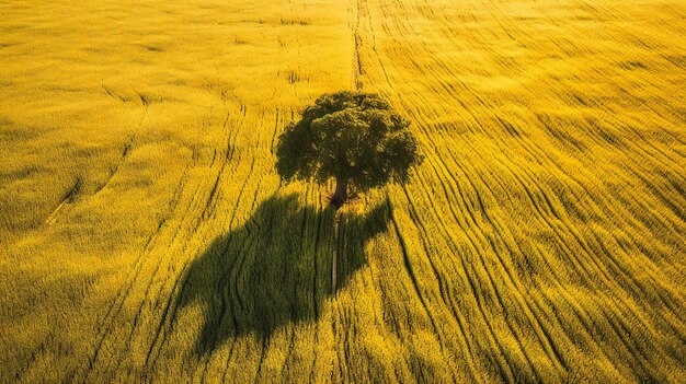 Uma vista aérea de um campo de trigo de verão harmonioso com uma árvore solitária contrastante