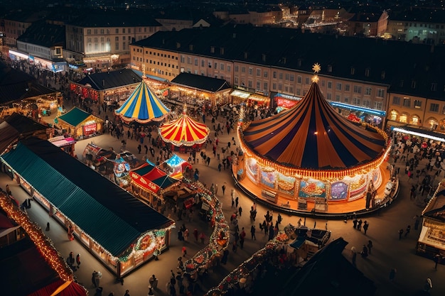 Uma vista aérea de um carnaval à noite