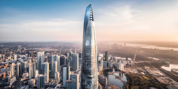 Uma vista aérea de um edifício futurista em meio a uma cidade movimentada, apresentando um design sustentável e tecnologicamente avançado
