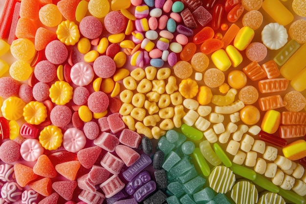 Uma vista aérea de um hipnotizante mosaico de doces coloridos criando um fundo vibrante