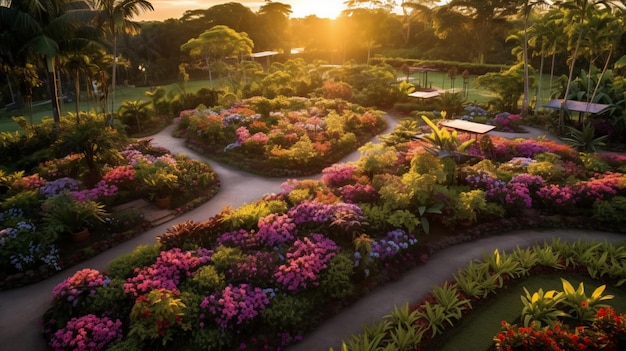 Uma vista aérea de um jardim de orquídeas tropicais AI Generative