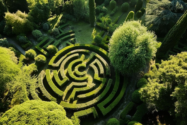 Uma vista aérea de um jardim labirinto gerado pela IA