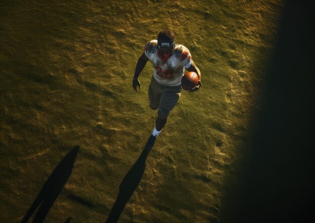 Foto uma vista aérea de um jogador de futebol correndo com a bola capturada por uma câmera drone a câmera