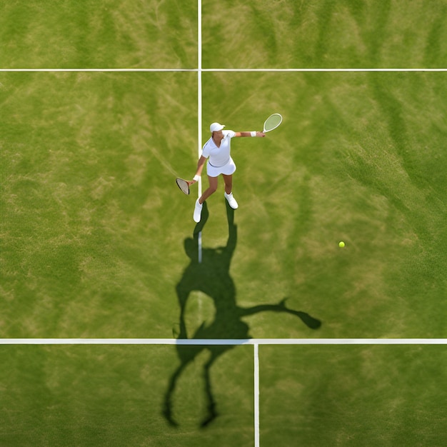 Uma vista aérea de um jogador de tênis servindo um as em uma quadra de grama durante uma partida de Wimbledon