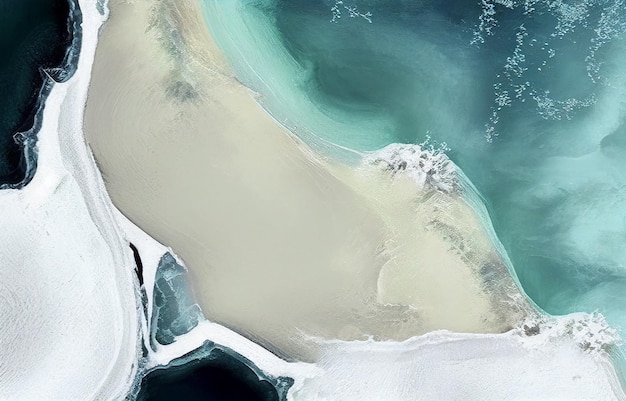 Uma vista aérea de um lago congelado com gelo azul e verde.