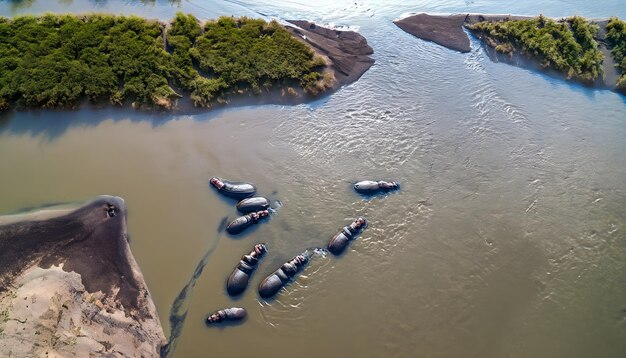 Uma vista aérea de um rio com um bando de hipopótamos descansando nas águas rasas
