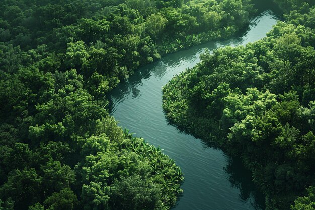 Uma vista aérea de um rio sinuoso através de gre luxuriante