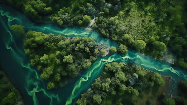 Uma vista aérea de um rio verde na selva