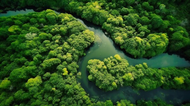 Uma vista aérea de um rio verde na selva