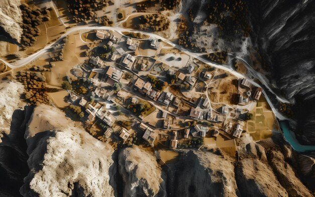 Uma vista aérea de uma aldeia com uma montanha ao fundo.
