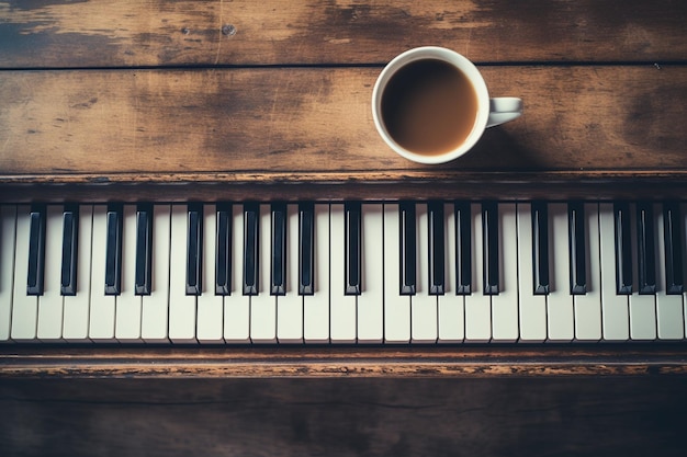 Uma vista aérea de uma caneca de café e um teclado em uma mesa de madeira