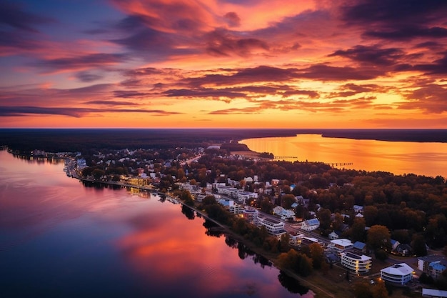 Foto uma vista aérea de uma cidade ao pôr-do-sol