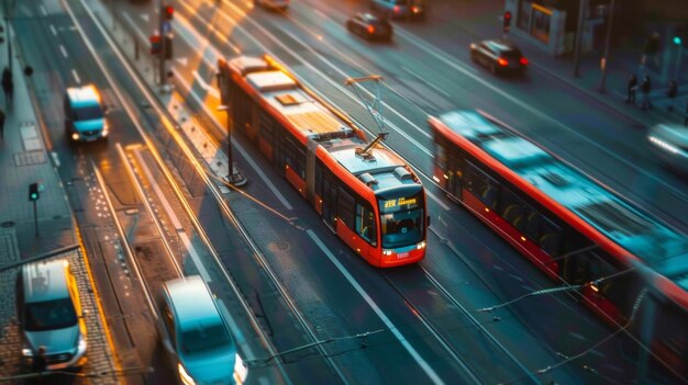 Uma vista aérea de uma cidade movimentada mostra ônibus elétricos e bondes passando rápido, deixando para trás nenhum