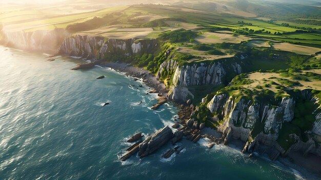 Uma vista aérea de uma costa acidentada com penhascos, campos verdes e um vasto oceano