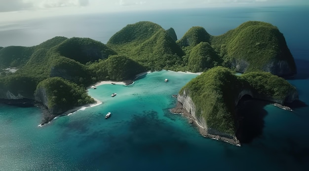 Uma vista aérea de uma ilha tropical com águas azul-turquesa e um barco em primeiro plano.