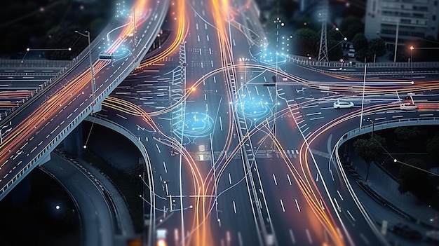Foto uma vista aérea de uma interseção de rodovia à noite