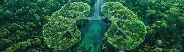 Foto uma vista aérea de uma paisagem verde exuberante formando naturalmente a forma de pulmões