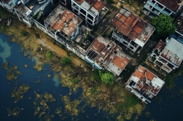 Uma vista aérea de uma pequena aldeia com casas e água.