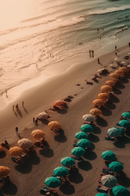 Uma vista aérea de uma praia com guarda-chuvas coloridos e pessoas na praia