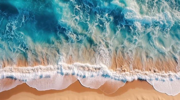 Uma vista aérea de uma praia com ondas azuis e o mar