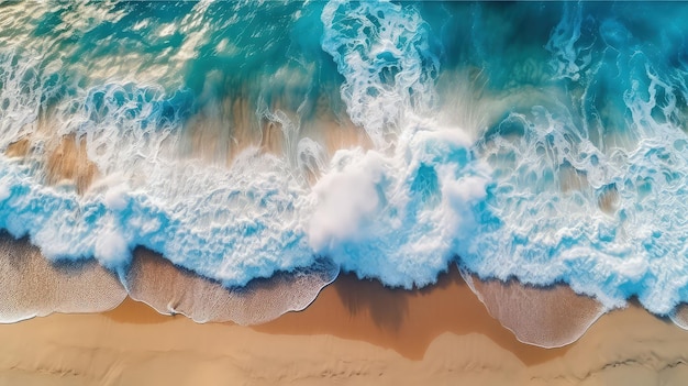 Uma vista aérea de uma praia com ondas quebrando na areia.