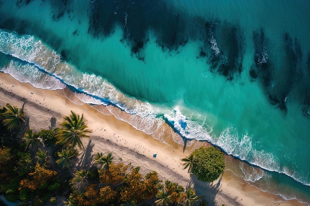 Uma vista aérea de uma praia com palmeiras e um oceano azul