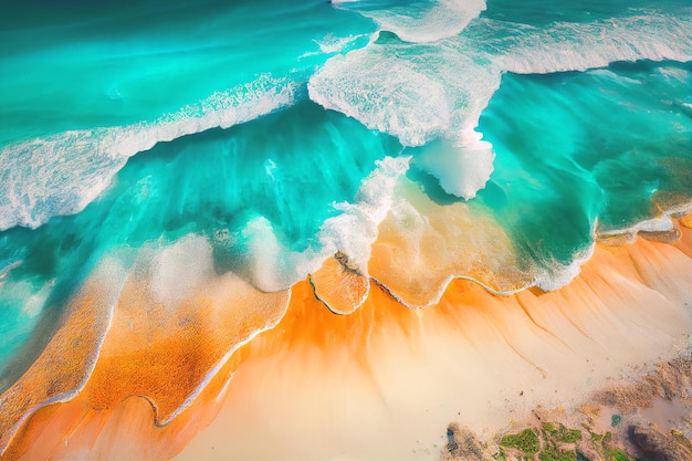 Uma vista aérea de uma praia com um oceano azul-turquesa e branco.