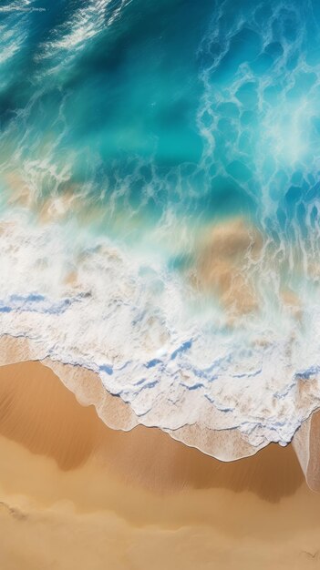 Uma vista aérea de uma praia com uma onda chegando