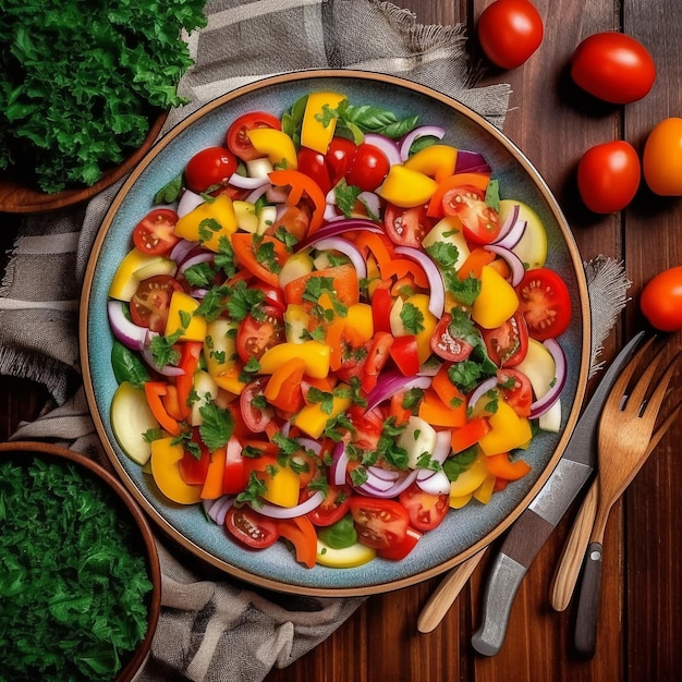 Uma vista aérea de uma salada de vegetais com fatias de tomates suculentos e pimentas coloridas