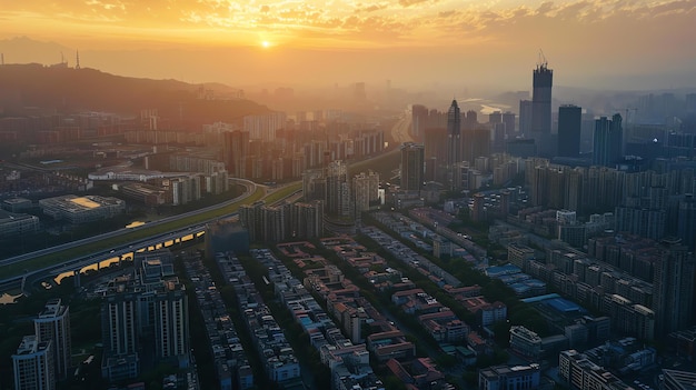 Uma vista aérea deslumbrante de uma cidade moderna ao nascer do sol As cores quentes do céu e a luz suave do sol criam uma cena bela e pacífica