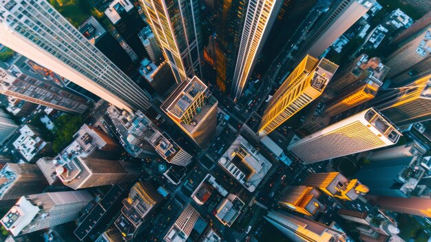 Uma vista aérea dinâmica de um distrito moderno do centro da cidade com edifícios altos e elegantes alcançando o céu