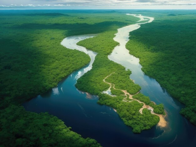 Uma vista aérea do rio na floresta