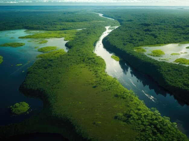 Uma vista aérea do rio na floresta