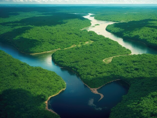 Uma vista aérea do rio na floresta