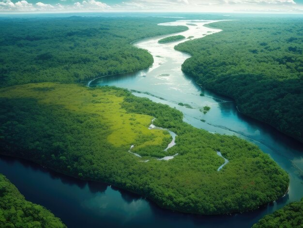 Uma vista aérea do rio na floresta