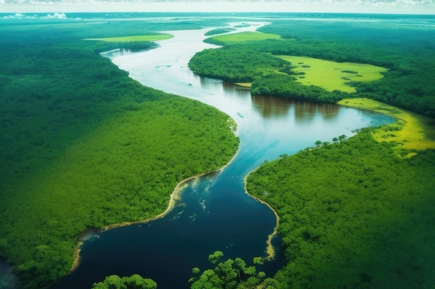 Uma vista aérea do rio na floresta