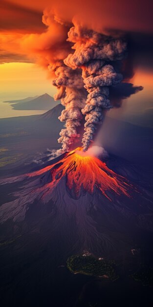 Uma vista aérea espetacular da erupção do vulcão, o cenário fumegante vencedor do concurso