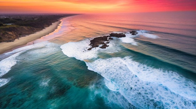 Uma vista aérea hipnotizante de ondas dançando ao longo da costa ensolarada durante um pôr do sol mágico