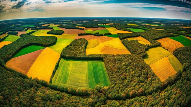 Uma vista aérea hipnotizante de uma paisagem colorida de verão mostrando uma bela tapeçaria de campos e florestas