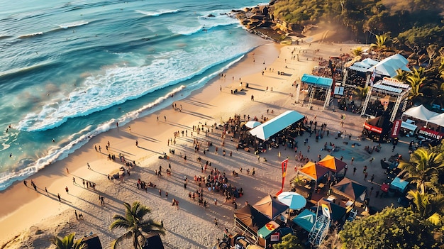 Uma vista aérea incrível de uma festa na praia.