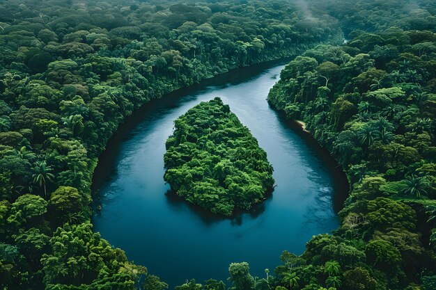 Foto uma vista aérea serena de um rio que serpenteia através da densa floresta tropical